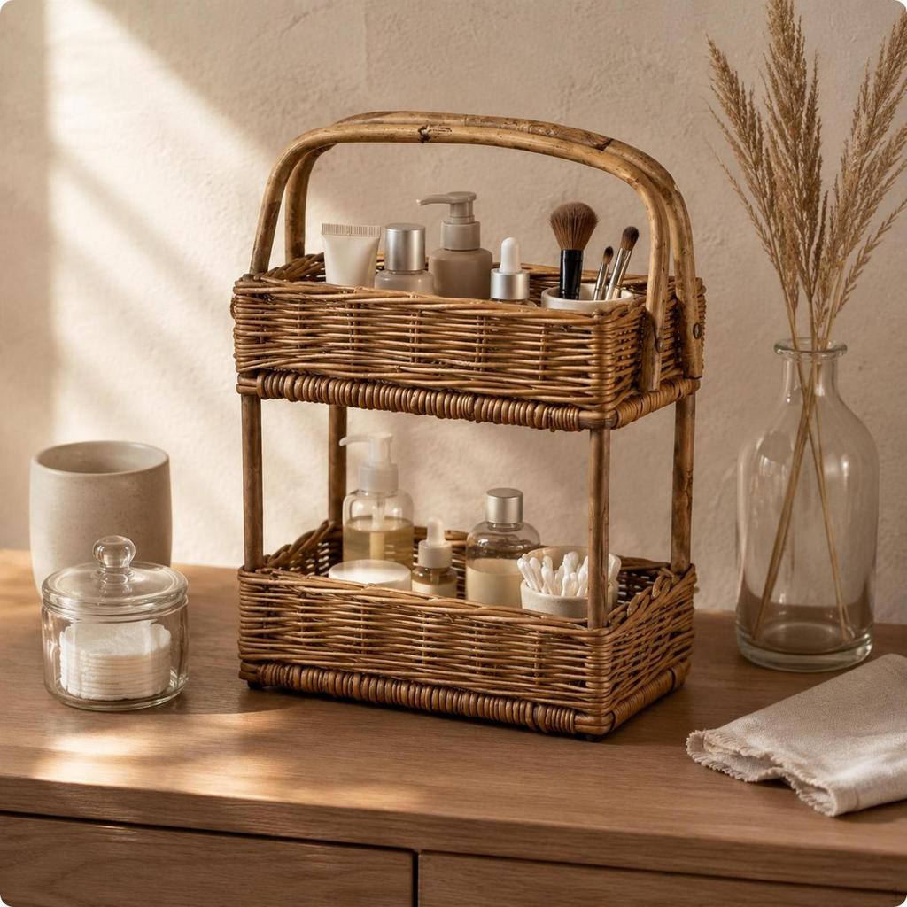 Textil Aufbewahrungskorb Handgeflochten 2 Etagen Doppellagig Weide Organizer Regal