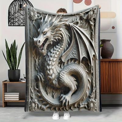 1 Comfortable Silver Dragon Themed Blanket, Polyester Fabric, Machine Washable, Suitable for Bedroom and Living Room Use