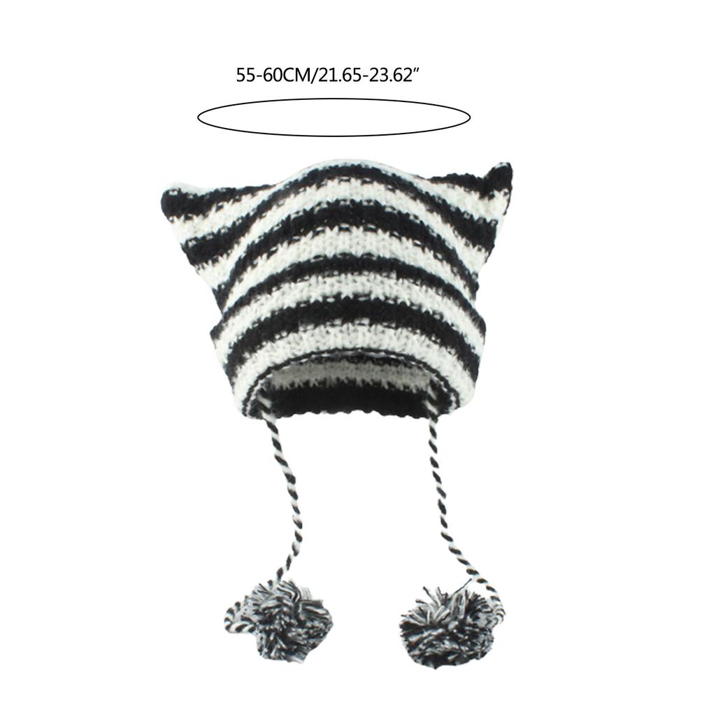 Knit Striped 3D Cat Ear Hat Elastic Windproof Hat with Pom Pom Decor Ear Protector Hat Winter Cycling Skiing Hat