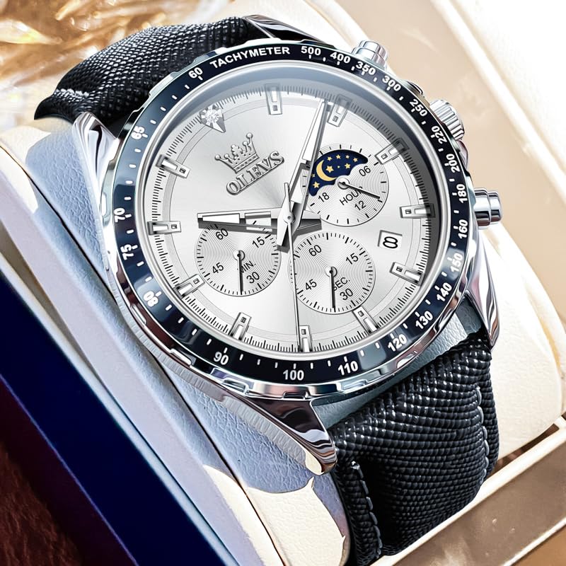 OLEVS Quartz Popular Hand Watch Business Student Moon Phase Chronograph Watch for Men Present Luminous Waterproof Date Leather Belt White Men's