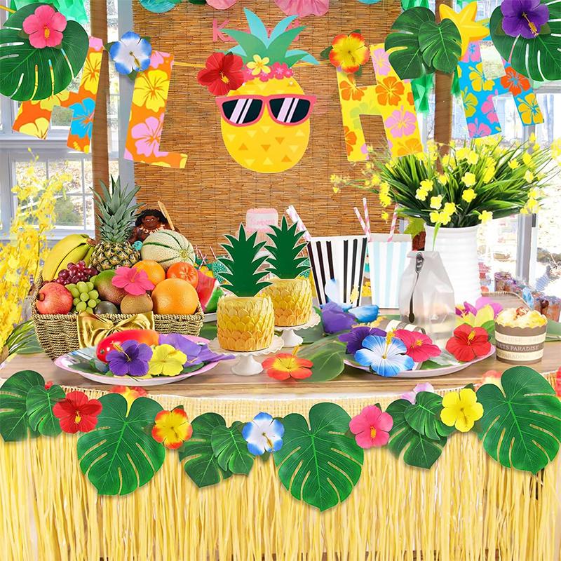 10Pcs Artificial Tropical Palm Leaves Fake Hibiscus Flower for Beach Table Decor Hawaiian Party Supplies Wedding Decoration Gift