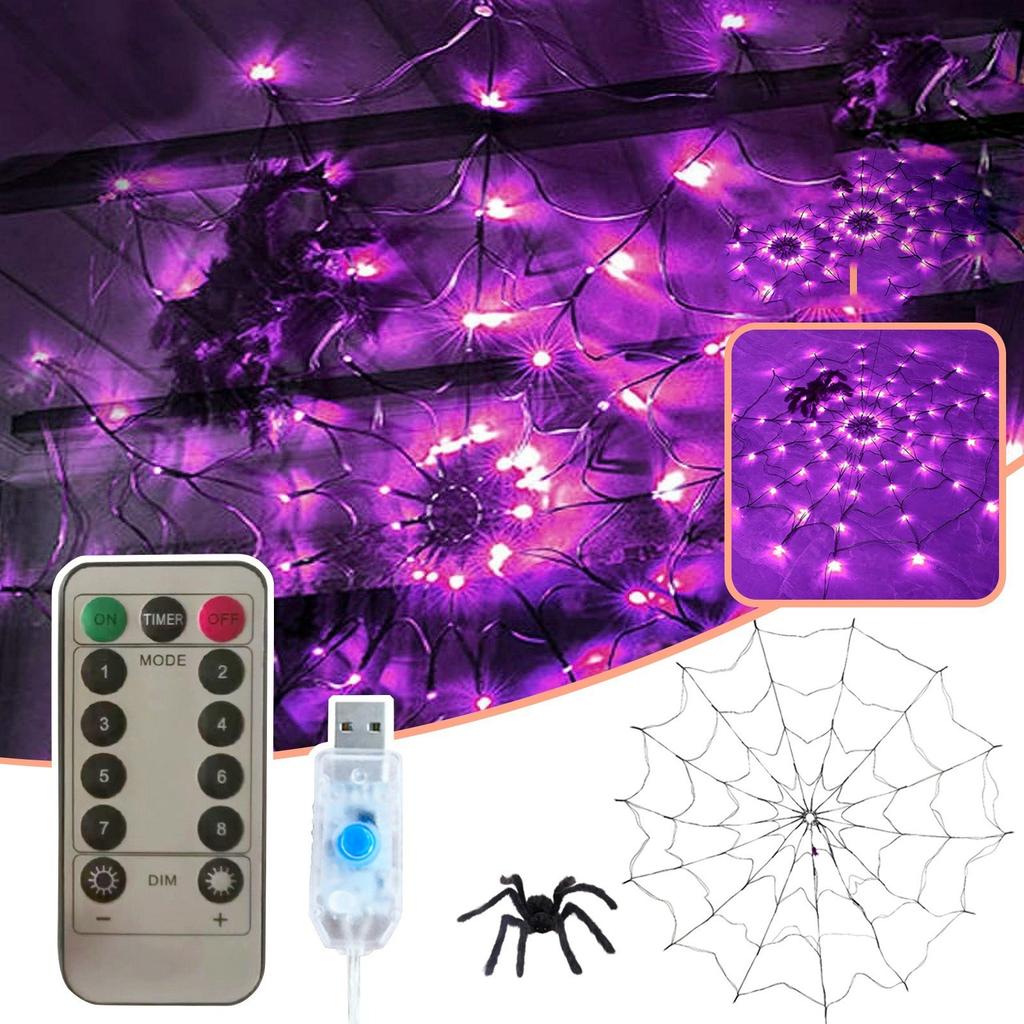 USB Remote Control 70 LED Spider And Web Light Halloween Decoration Light Horror Atmosphere Light (With Spider)