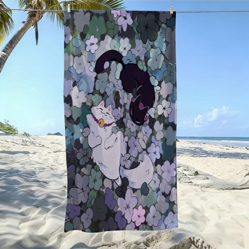 

2D Flat, 1pc, Beach Towel Featuring a Heartwarming Illustration of Black and White Cat Playing in a Sea of Flowers W40*H60(CM)