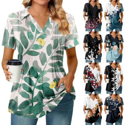 Womens Short Sleeve T Shirts Pleated V Neck Printing Tee Collared Summer Tops Fashion Business Casual Work
