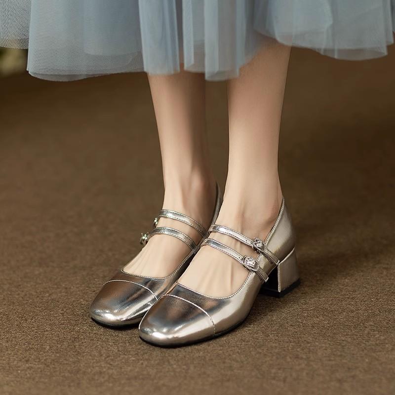 Fashion 2025 New Women's Shoes Luxury Square Toe Ladies Mary Jane Shoes High Quality Double Buckle High Heel Fashion Women Ballet Shoes