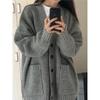 Women's Gray Mid-Length Sweater Coat - Retro Milk Tea Style Knitted Cardigan for Spring and Autumn