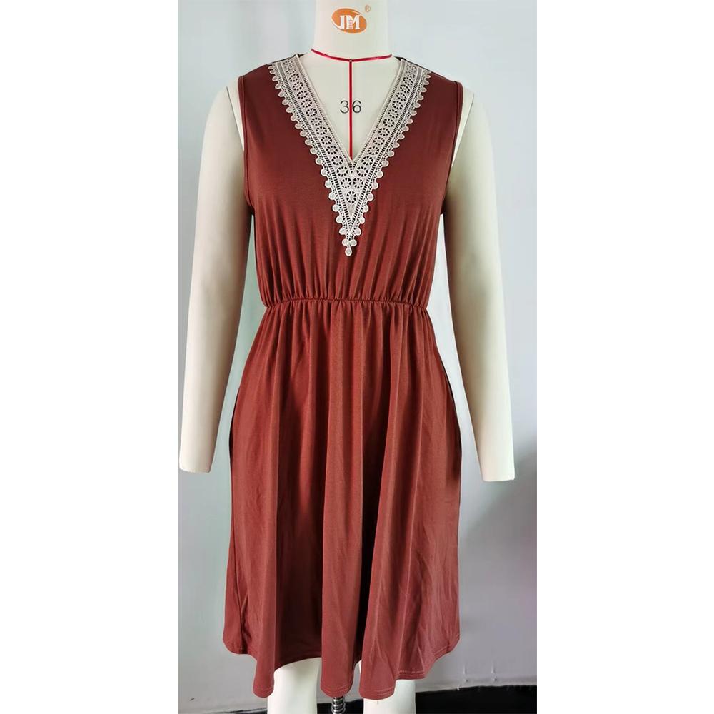 

Весна/лето однотонное платье с v-образным вырезом и кружевной вставкой без рукавов с карманами на талии и запахом XXL