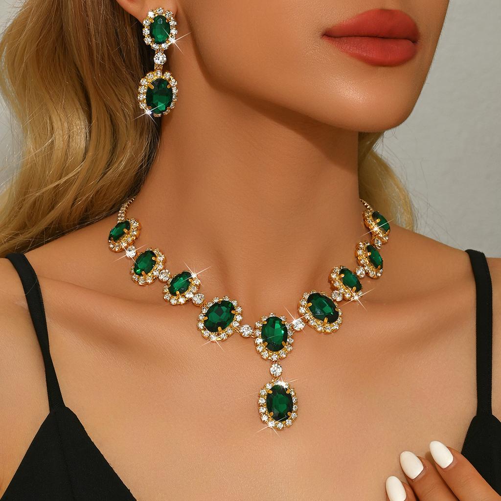 Fashion Colored Diamond Water Drop Shape Super Flash Temperament Set Chain Earrings Necklace Exaggerated Two-Piece Bridal Jewelry