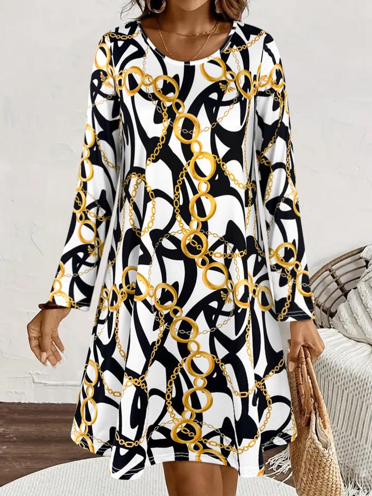 Women's Long-Sleeve Round-Neck Dress, Black-White Abstract & Gold Chain Print, Casual Office & Semi-Formal Wear
