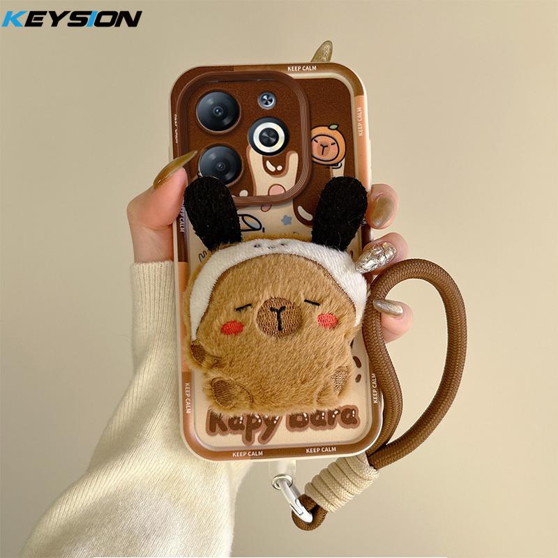 KEYSION Cute 3D Cartoon Plush Case for Infinix Smart 8 8HD with Lanyard Soft Silicone Shockproof Phone Cover for Infinix Hot 40i