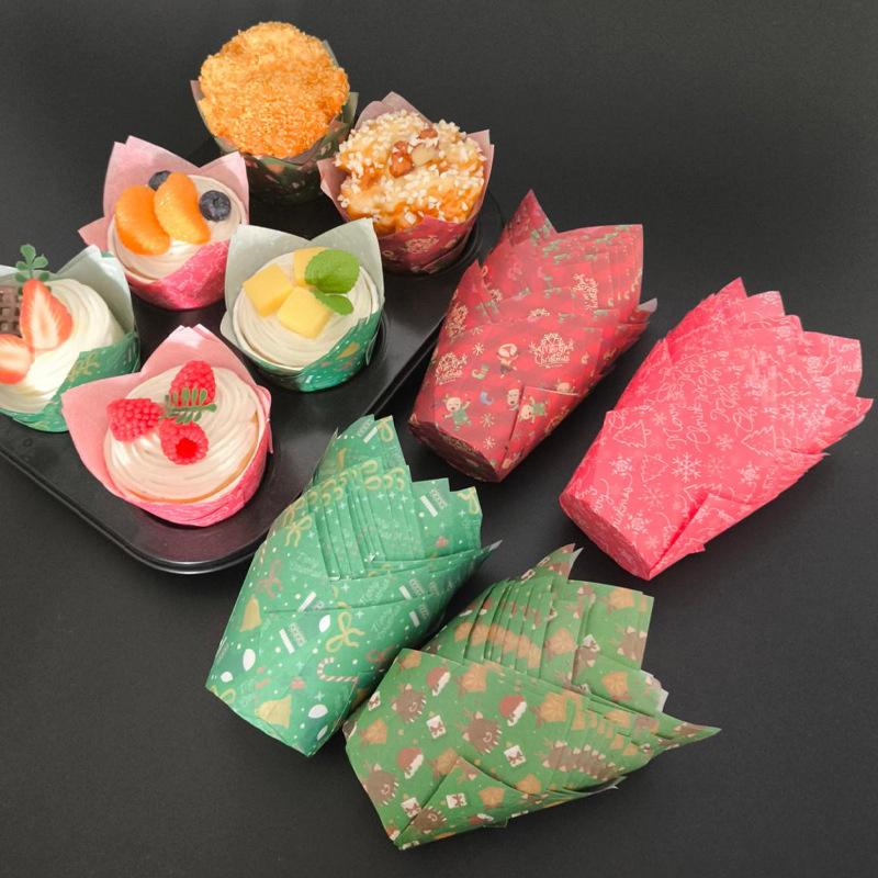50pcs Christmas Tulip Muffin Cupcake Paper Cups Oilproof Cupcake Liner Baking Muffin Box Cup Cake Decorating Tool Wrap Cases