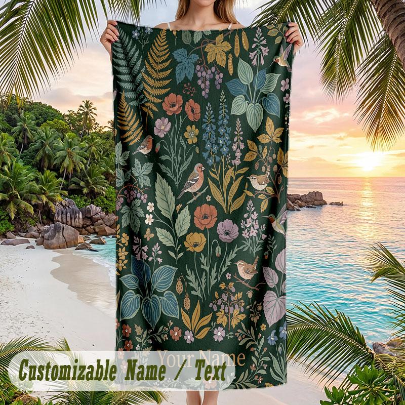 Floral Garden 3 Theme Quick Dry Beach Towel Custom Name Text Print Large Sand Resistant Towel Beach Vacation