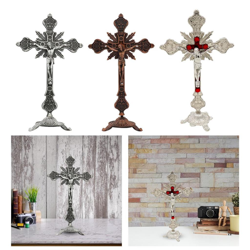Standing Crucifix Jesus Cross Statue 10 Inches Metal Small Jesus Crucifix for Dining Table Home Decor Altar Prayers Table