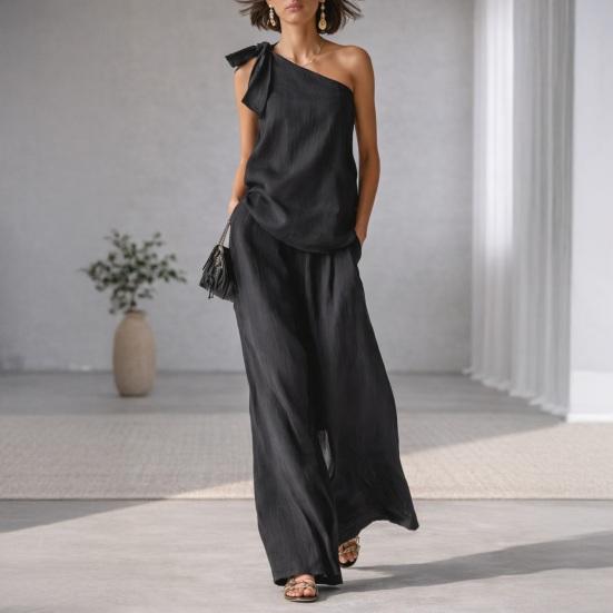 2-teilige Outfits für Damen Sommer One-Shoulder Ärmelloses Oberteil und Weitbeinige Hose Passendes Lounge-Set mit Taschen