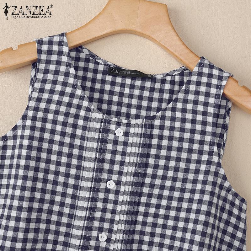 ZANZEA Women Summer Round Neck Casual Sleeveless Plaid Tank Tops