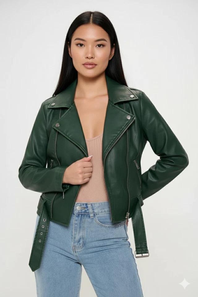 

Зеленая женская натуральная повседневная стильная мотоциклетная кожаная куртка ручной работы из овчины 3XL зелёный