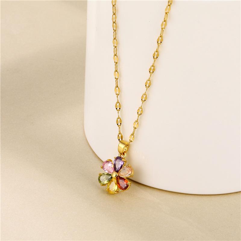 Vintage Bohemia Colorful Zircon Crystal Flower Pendant Stainless Steel Women Necklaces Female Clavicle Chain Jewelry