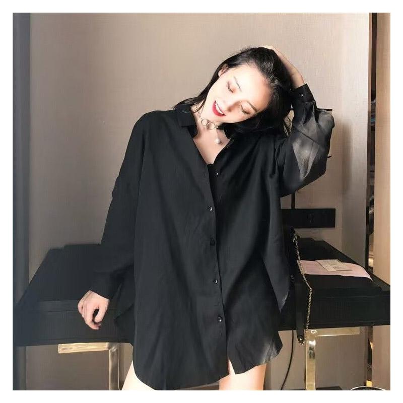 

Женская летняя рубашка с длинным рукавом из ледяного шелка в стиле ретро, свободный универсальный топ, повседневный элегантный, удобный, легкий, однотонный XXXL чёрный