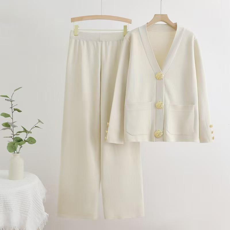 

2025 Женский осенне-зимний вязаный свитер и комплект брюк широкого кроя - Модный, свободный ансамбль из двух предметов One Size абрикосовый