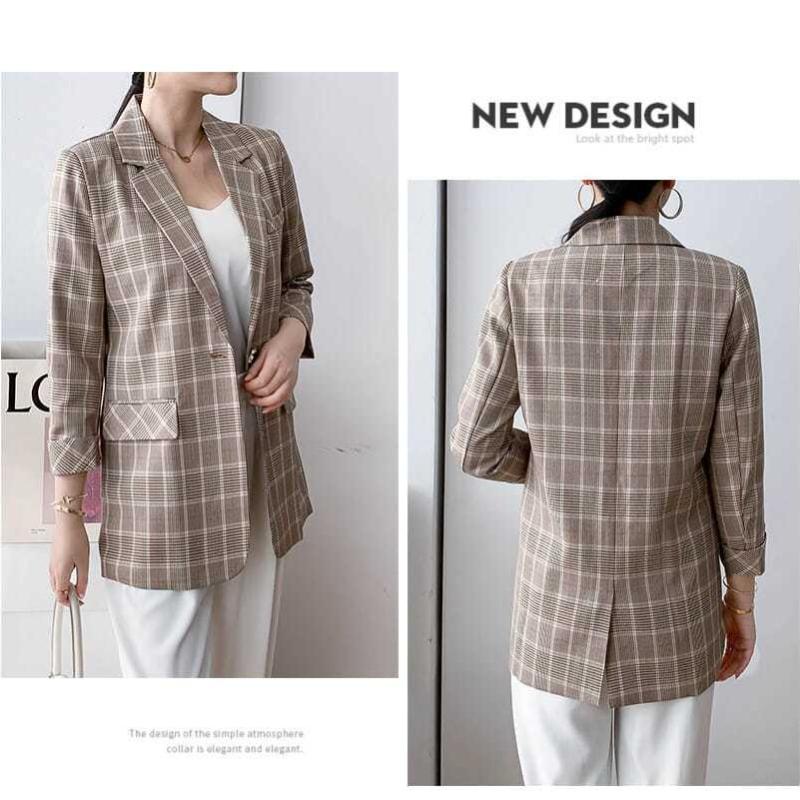 Women Blazer Plaid Coat New Notched Collar Business Suits Work Office Ladies Suit Jacket Casual Vintage Blazers