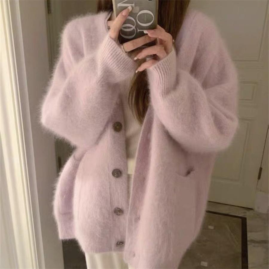 Faux Fox Fur Soft and Fluffy Knit Coat for Women Autumn Winter New Style Gentle Lazy Mid-Length Loose Knit Cardigan