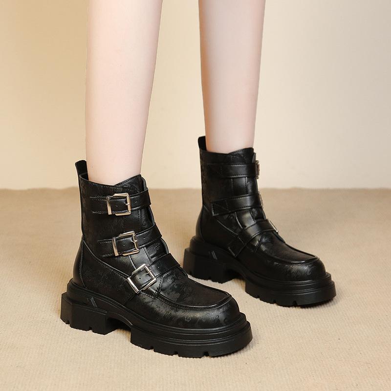 

Осень и зима новые ботильоны с пряжкой на ремне, Guochao, на толстой подошве, увеличивающие рост, с темным узором, ботинки Мартин, женские повседневные кожаные ботинки на толстом каблуке 40 чёрный