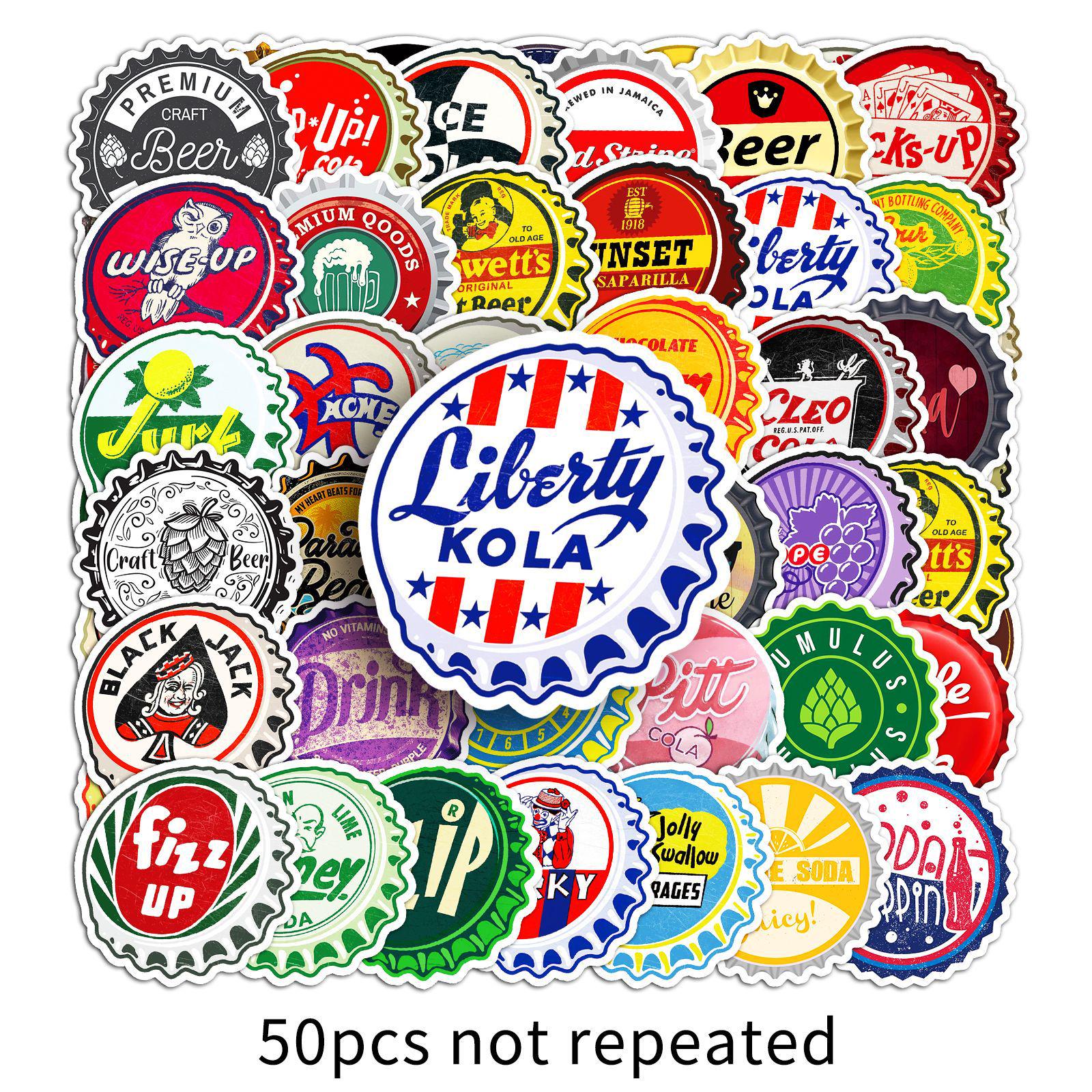 50pcs Cartoon Bottle Cap Stickers: Colorful, Creative, Waterproof Decorations for Journals and Stationery
