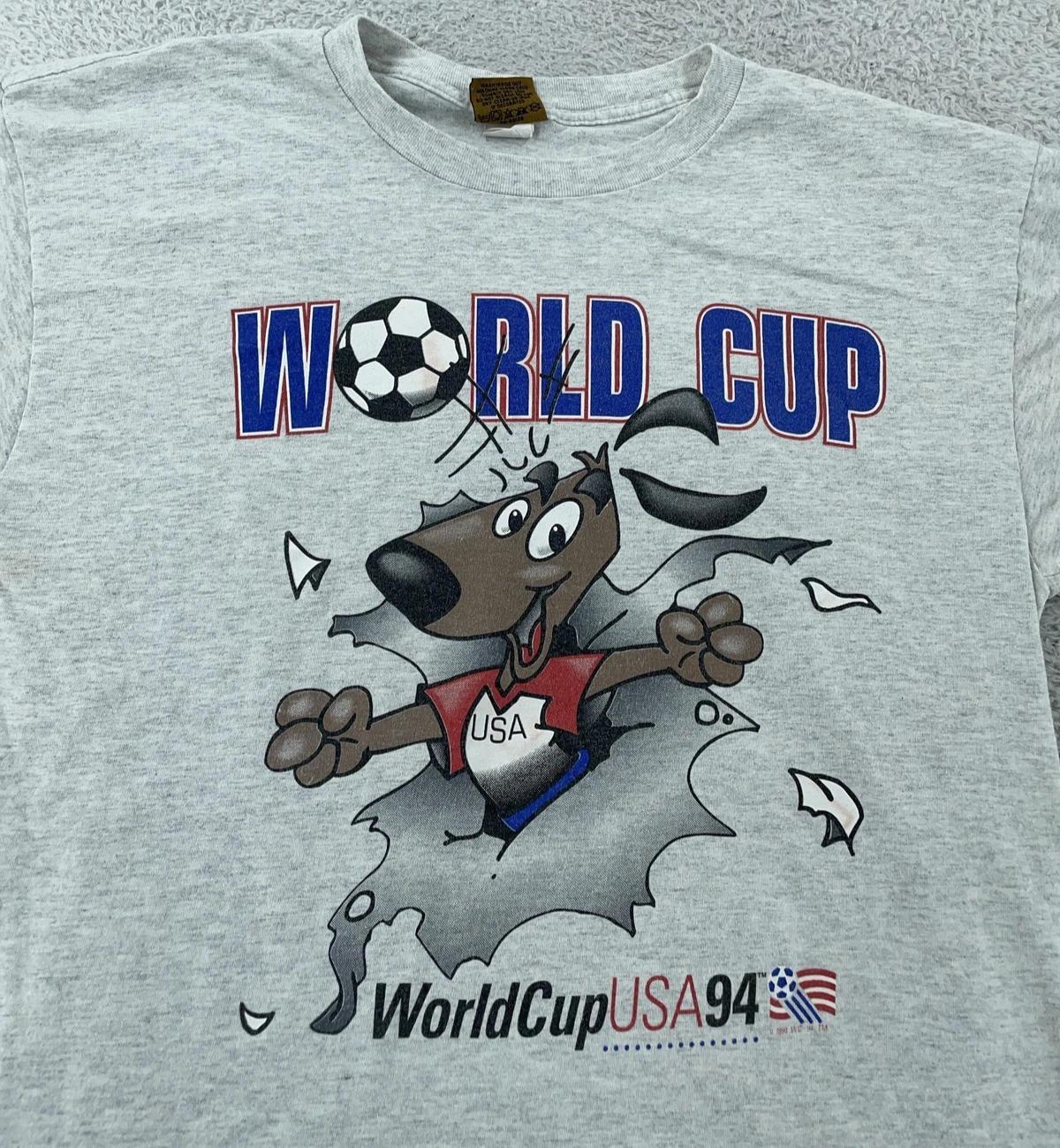 Vtg 1994 World Cup USA Soccer Double-Sided T-Shirt XL Gray Nutmeg Cartoon 90s M