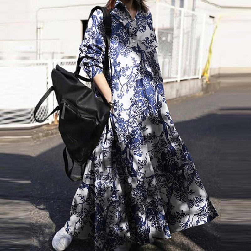 

Plus Size Women s Fall Vintage Ethnic Print Maxi Dress, Loose Cotton Linen Long Sleeve Lapel Big Swing Casual Dress S синий