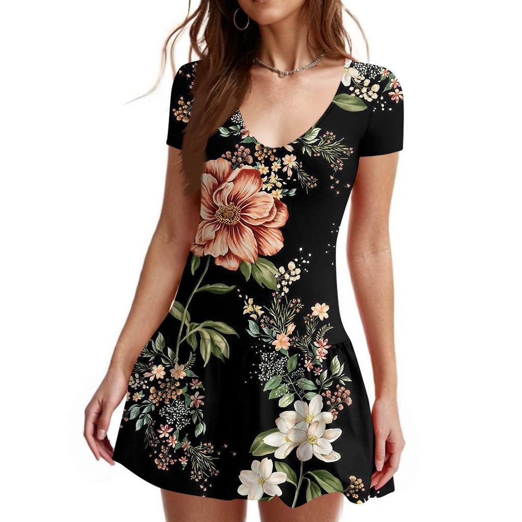 Women's Fashion Sexy Printing Short Sleeve Round Neck Bubble Hem Dress
