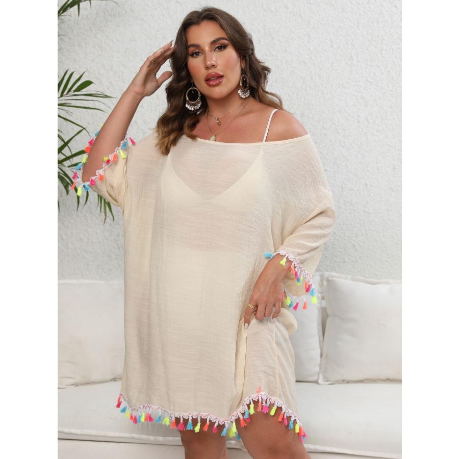 Vestido de mujer de gran tamaño, color blanco, negro, albaricoque, con borlas y retazos, cuello oblicuo, Sexy, sin espalda, atado, para playa, Bikini, vestidos