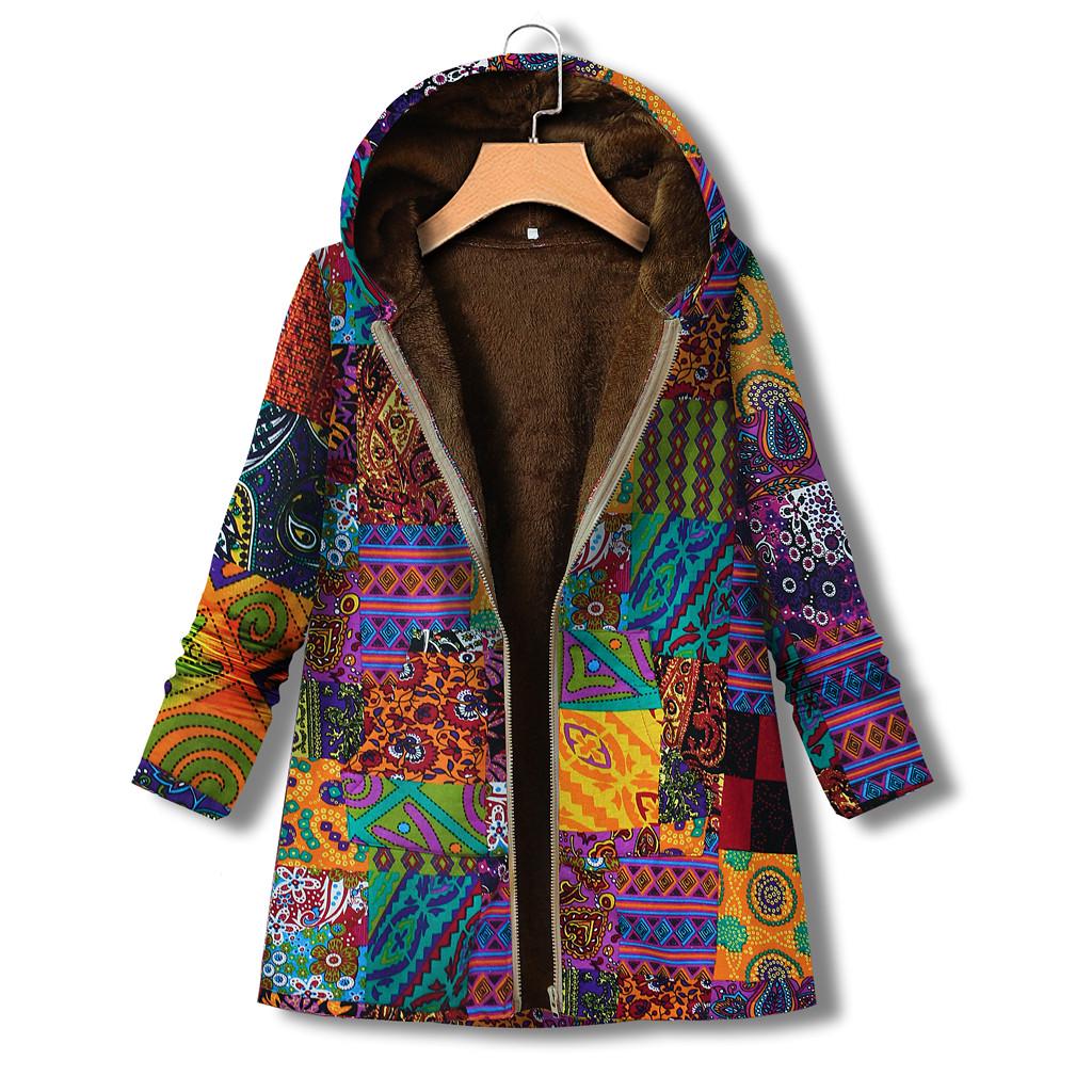 Damen Winter Vintage Warm Bedruckte Taschen Dicker Reißverschluss Kapuzenmantel Oberbekleidung