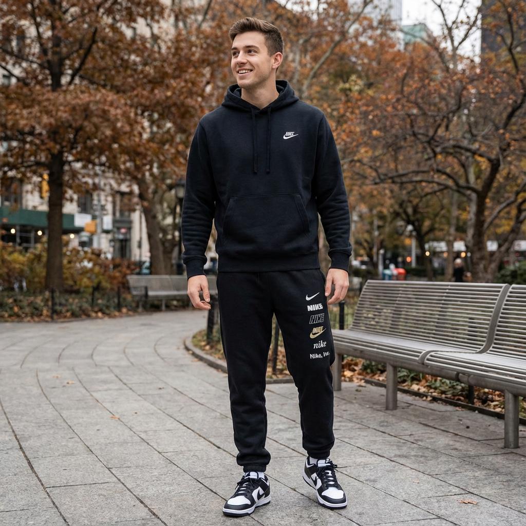 Nike Sportswear Club Fleece Chaud Pull Sweat à Capuche Pantalon Mi-Taille à Revers Ensemble de Sport Décontracté Sweat-shirt Unisexe, Pantalon DX0796-010+-BV2655-010