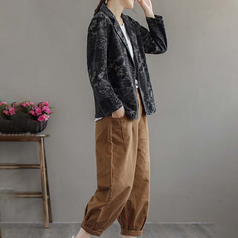 Blazer Imprimé Rétro pour Femmes Veste Courte Fine à Manches Longues Coton Décontracté Ample Manteau Printemps et Automne Commute Version Coréenne Style Harajuku