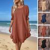 Women's Summer Cotton Linen Dress Casual Crew Neck Short Sleeve Midi Dress Beach Vacation Ruffle Hem Loose Dress