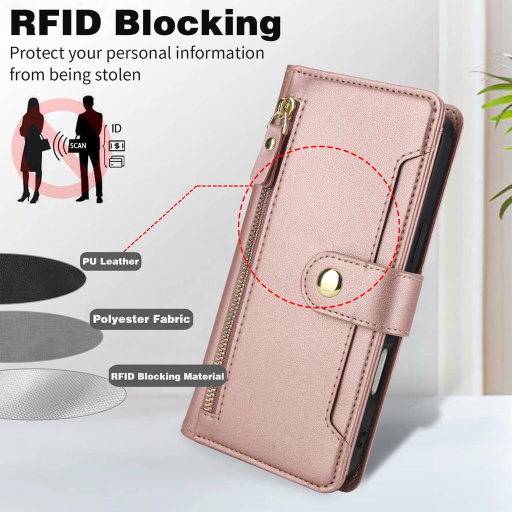 Flip Wallet Case for iPhone 16e/16/15 Pro Max/16 15 Plus, Zipper Pocket Cover with Card Holder Slots, Magnetic Closure, Lanyard