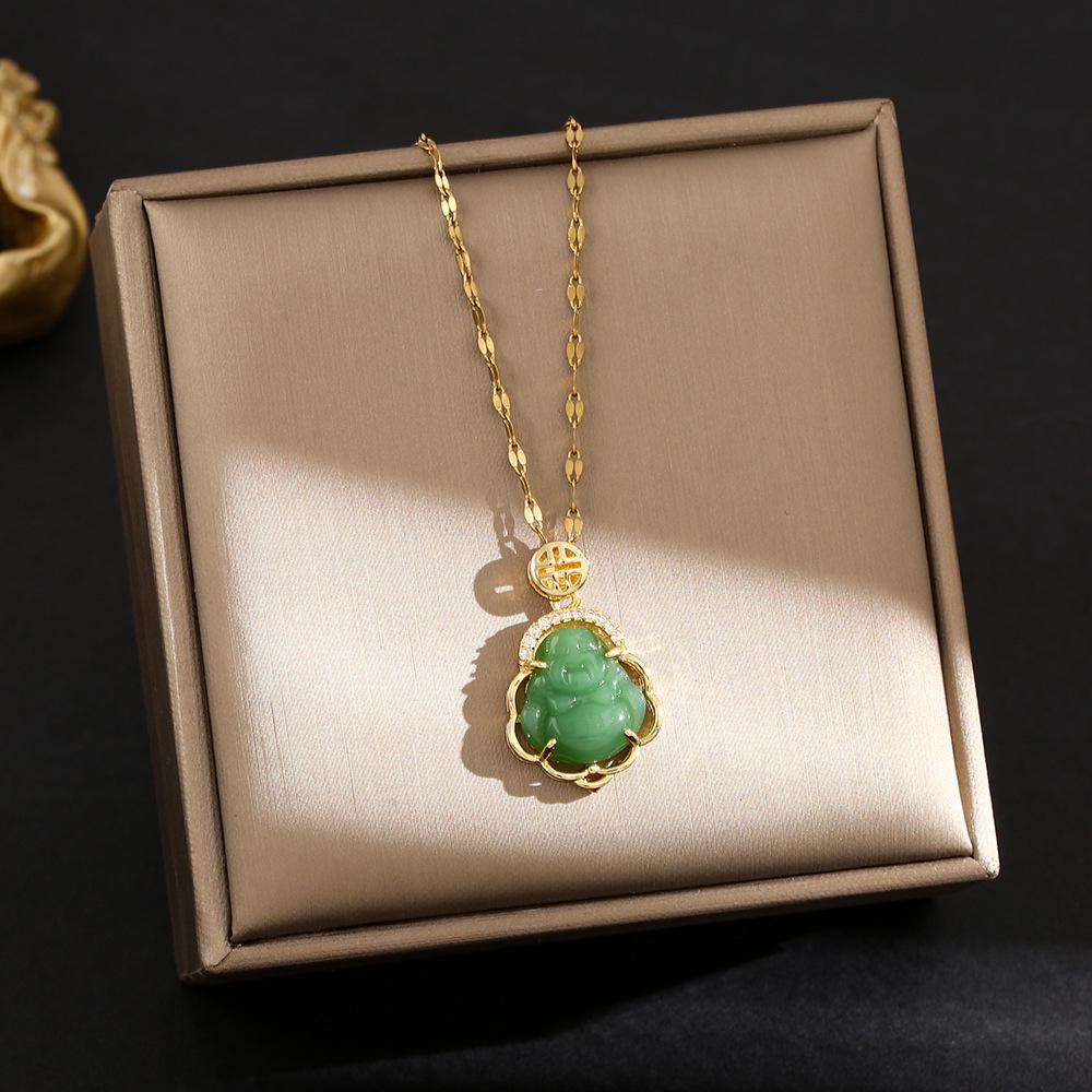 Elegante Pingente de Cabacinha com Fecho de Paz de Jade - Corrente para Clavícula em Aço Titânio no Estilo Chinês Retro