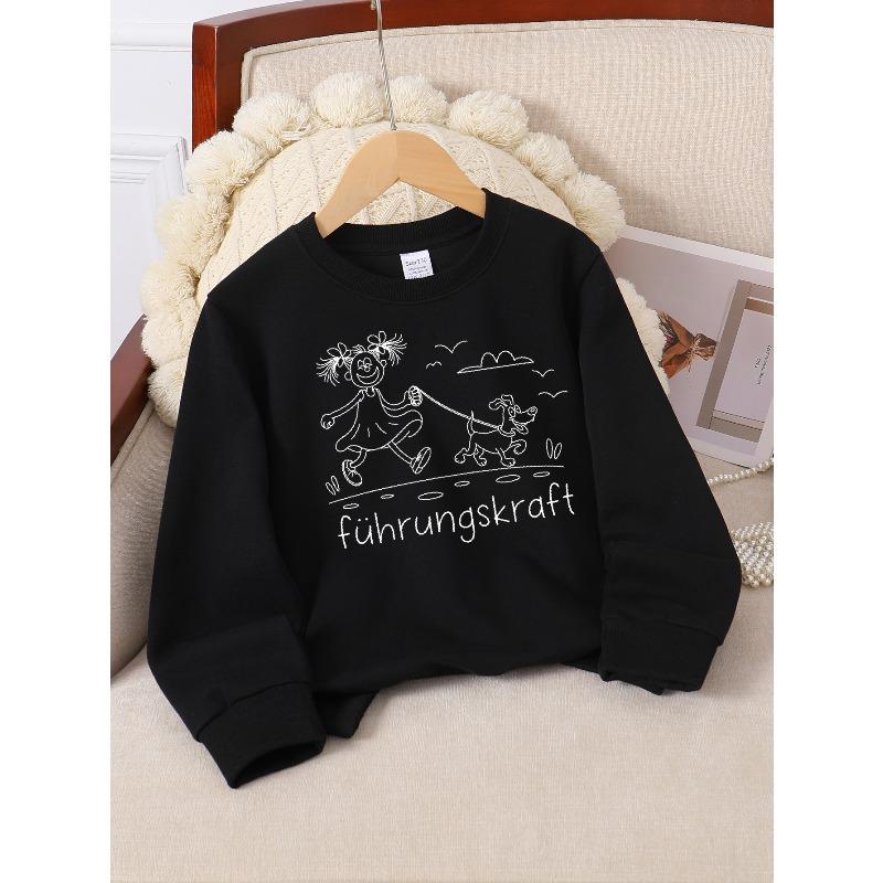 Kids Crewneck Sweatshirt, Girl Walking Running Dog on Leash Graphic Print, Soft Comfort Pullover 110