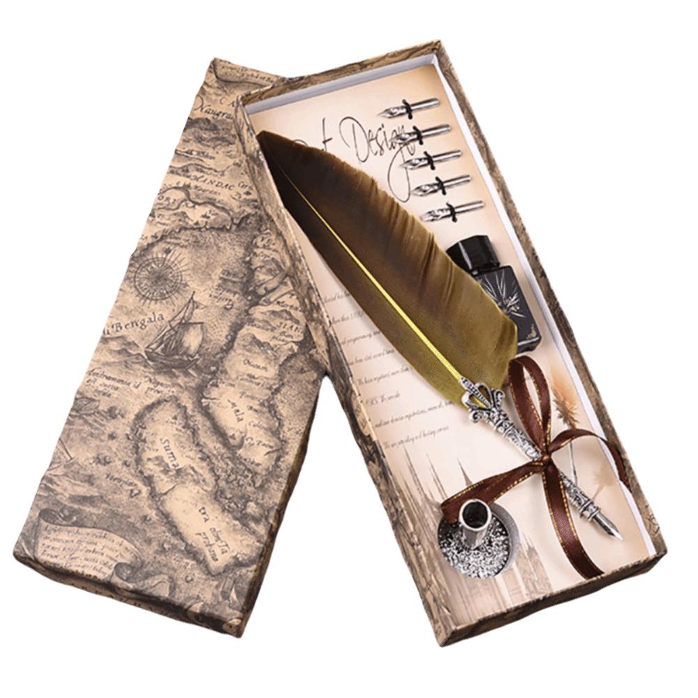 Without Ink Calligraphy Feather Dip Quill Pen with 5 Replacement Nibs Carved Base Quill Pen Set Retro Style Multiple Colors