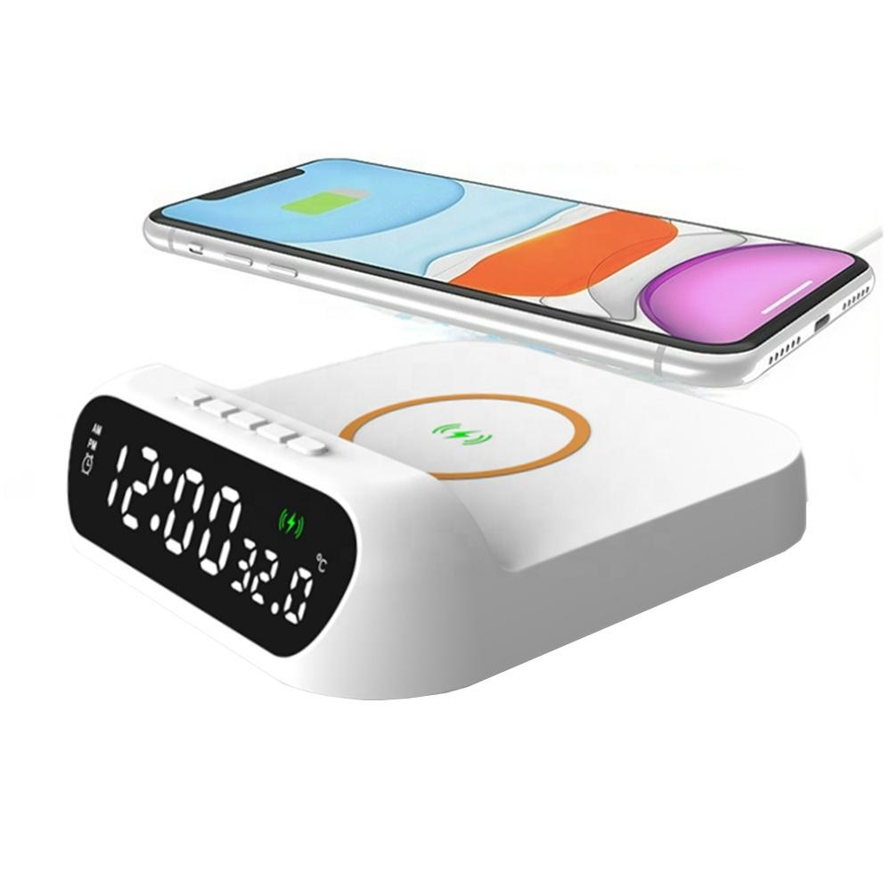 Wireless Charging Digital Alarm Clock Fast Wireless Charger Electric Alarm for Smart Phone Dimmable LED Display Desk Clock