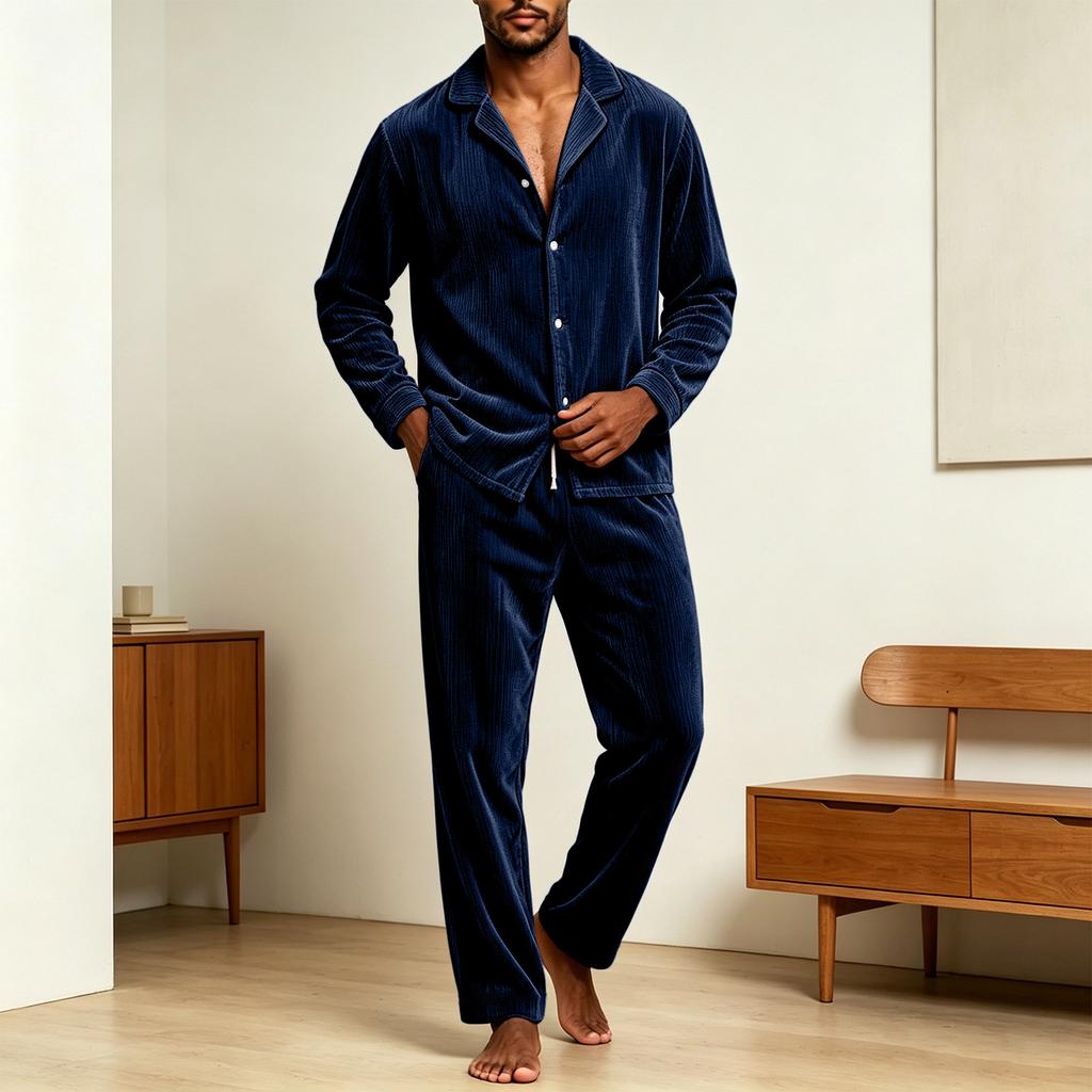 Men's Casual Loose Fit Corduroy Pajama Set with Button-Front Long Sleeve Top and Pants