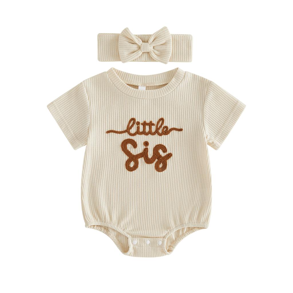 Infant Girl 2-Piece Summer Set with Short Sleeve Romper and Matching Headband Adorned with Embroidered Letters Perfect for