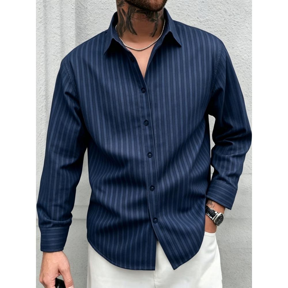 Men's Slim Vertical Striped Long Sleeved Shirt, Loose Collared Casual Shirt, Simple and Versatile Men's Top for Daily Commuting