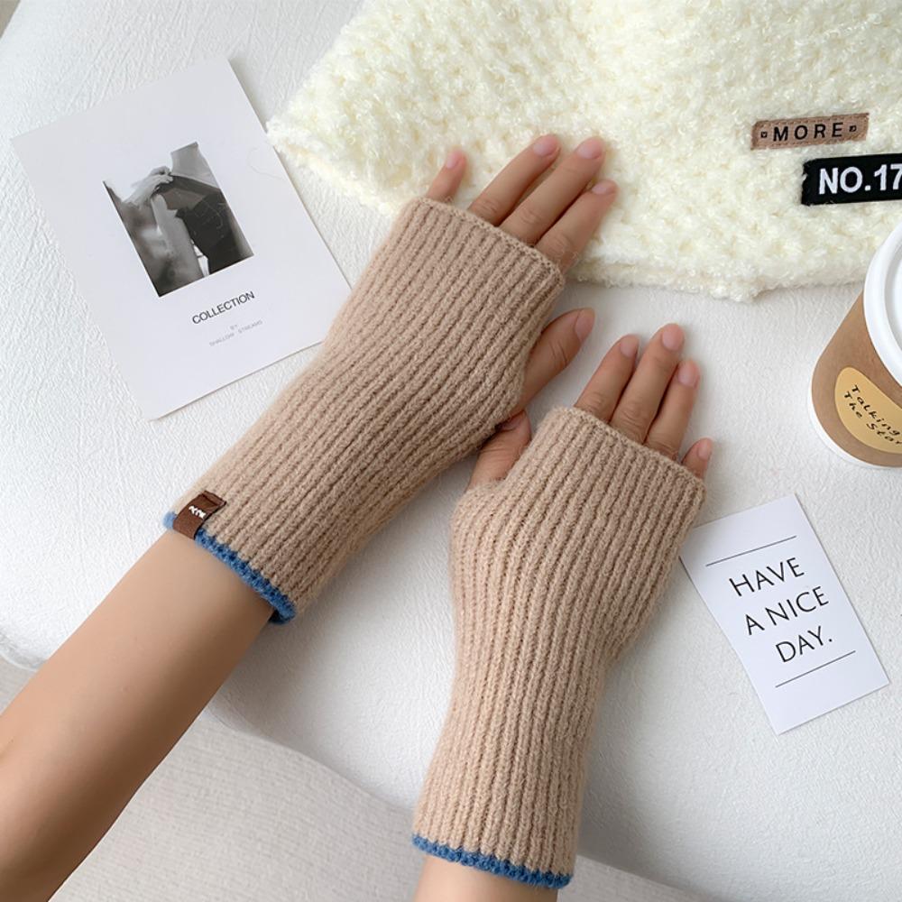 Cute Knitted Warm Half Finger Knitted Gloves Fingerless Solid Color Winter Fingerless Gloves Cashmere Thumb Hole Short Gloves хаки
