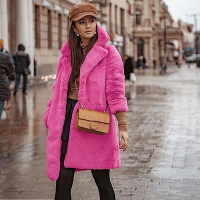 Dames Helderroze Nepbontjas Reverskraag Middellang Winter Warm Teddy Jas