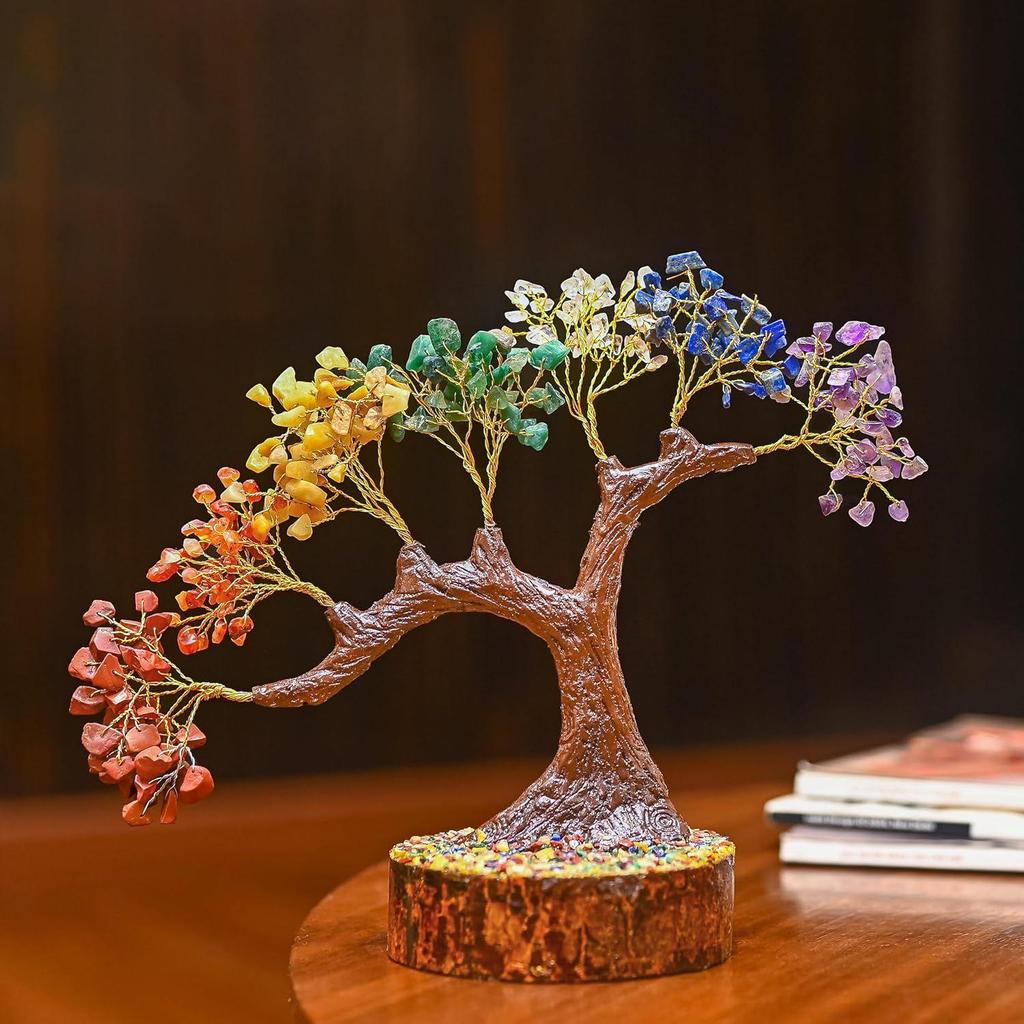 Seven Chakra Crystal Tree – Handmade Feng Shui Bonsai Tree with Natural Gemstones on Wooden Base – Decorative