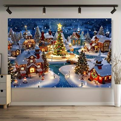 1pc2D Flat Winter Village Scenery Banner Background, Suitable for Weddings, No Electricity Required——sym