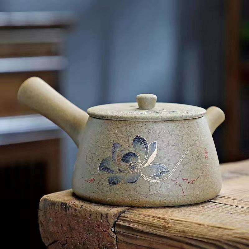 Wykwintny ceramiczny czajnik do herbaty Klasyka Chin Gruboziarnista ceramika Czajnik z uchwytem Ceramika Czajnik z drewna tekowego Czarny Zielony fioletowa glina Zestaw do herbaty z surowej rudy