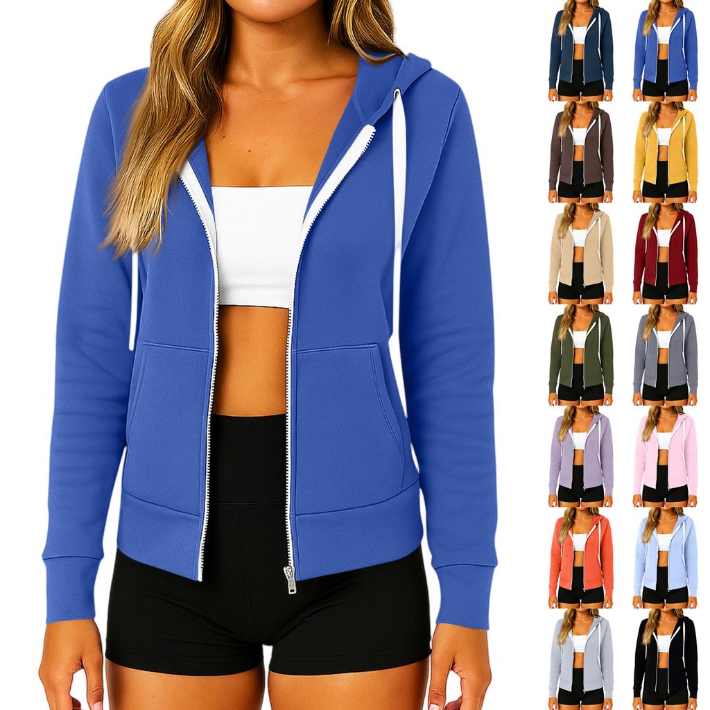 Women's Fashionable Solid Color Long Sleeved Hooded Pocket Zipper Casual Sweatshirt Jacket