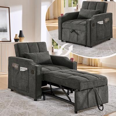 3-in-1 Schlafsofa mit USB/Type-C-Anschluss, Schlafsofa (190cm) mit Edelstahl-Getränkehalter, 3-fach verstellbarer Rückenlehne, Seitentaschen, grau